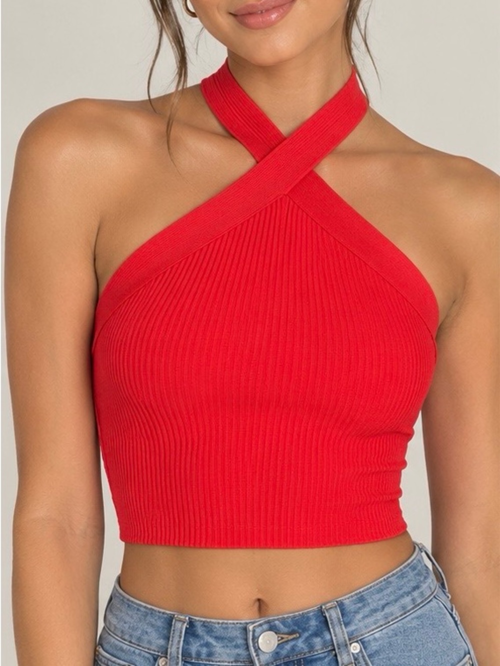 Women’s Red Ribbed Halter Crop Top